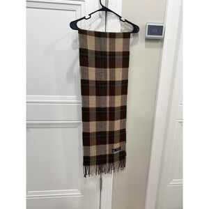Brown Plaid Cashmere Blend Scarf Tan Grey Checkered Winter Fringe Wrap Accessory